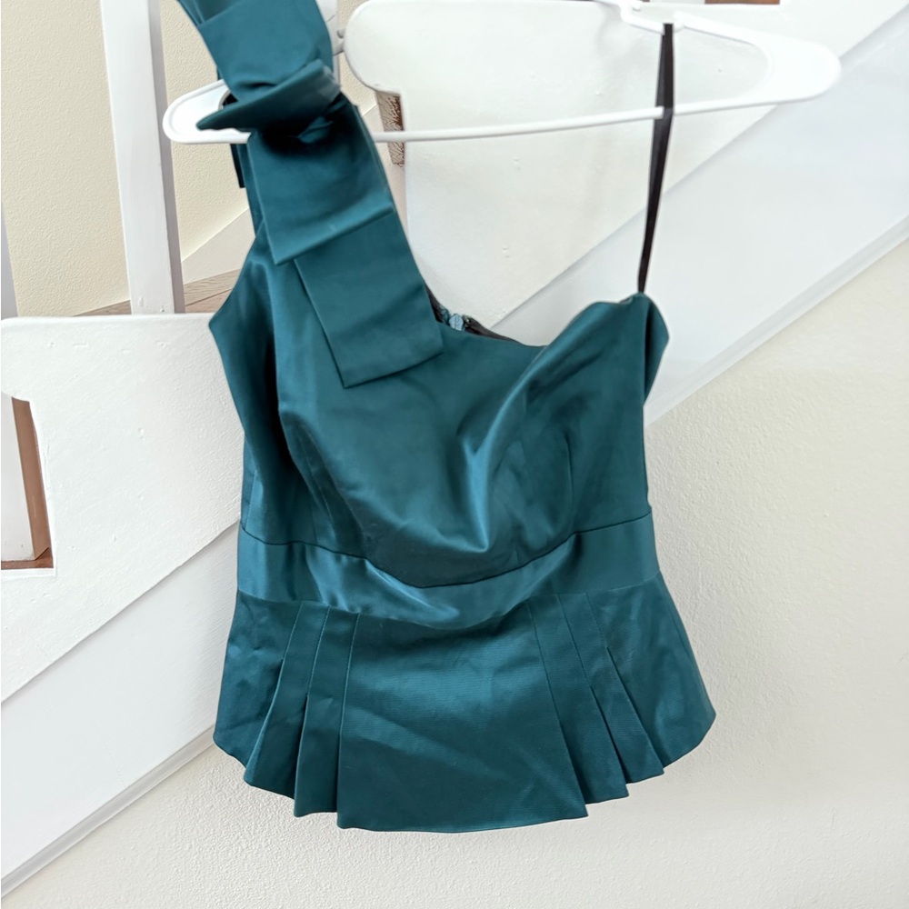 French Connection Teal Pleated One-Shoulder Top